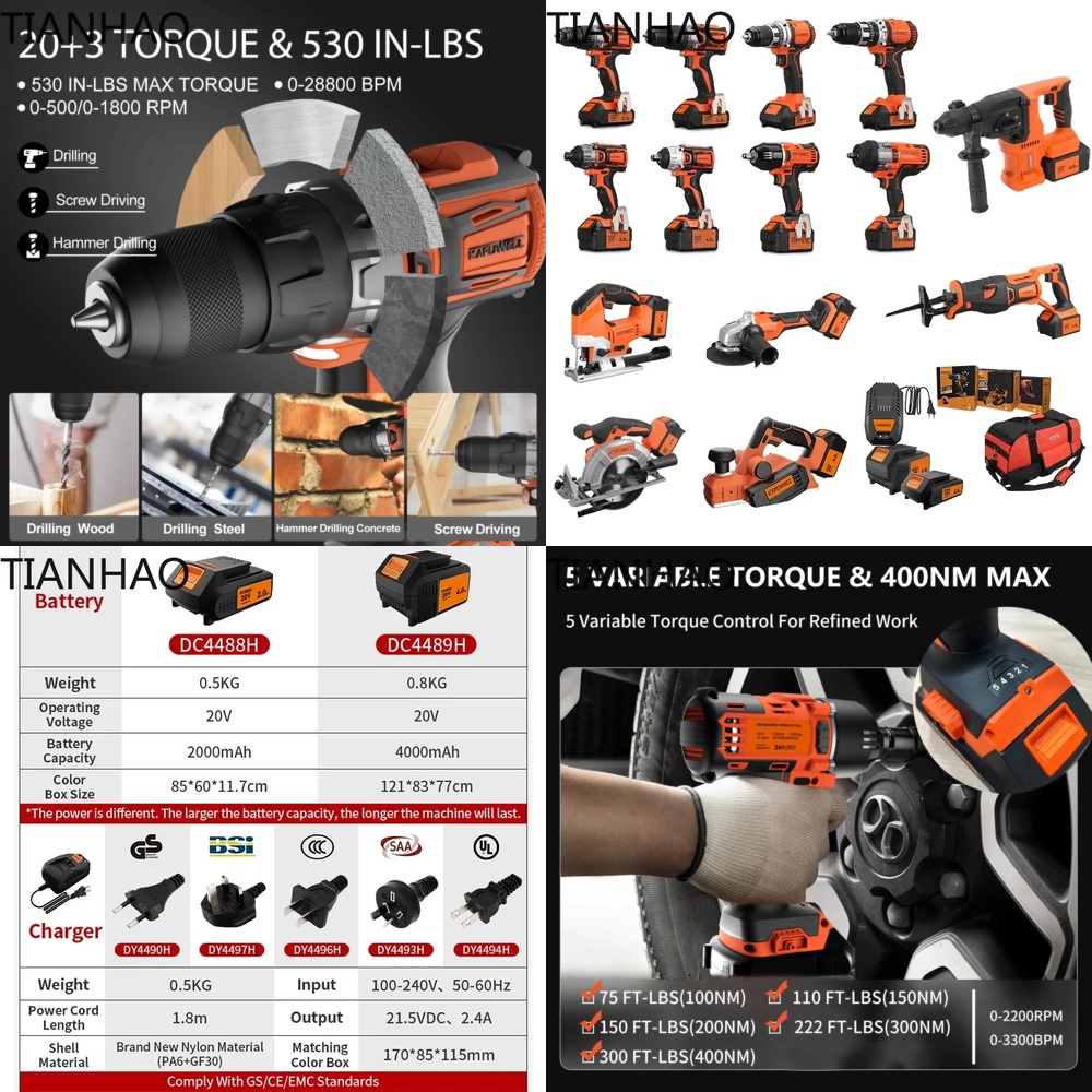 Power Tools Combo Kits - KAFUWELL PA4500 72H 20V Cordless Impact